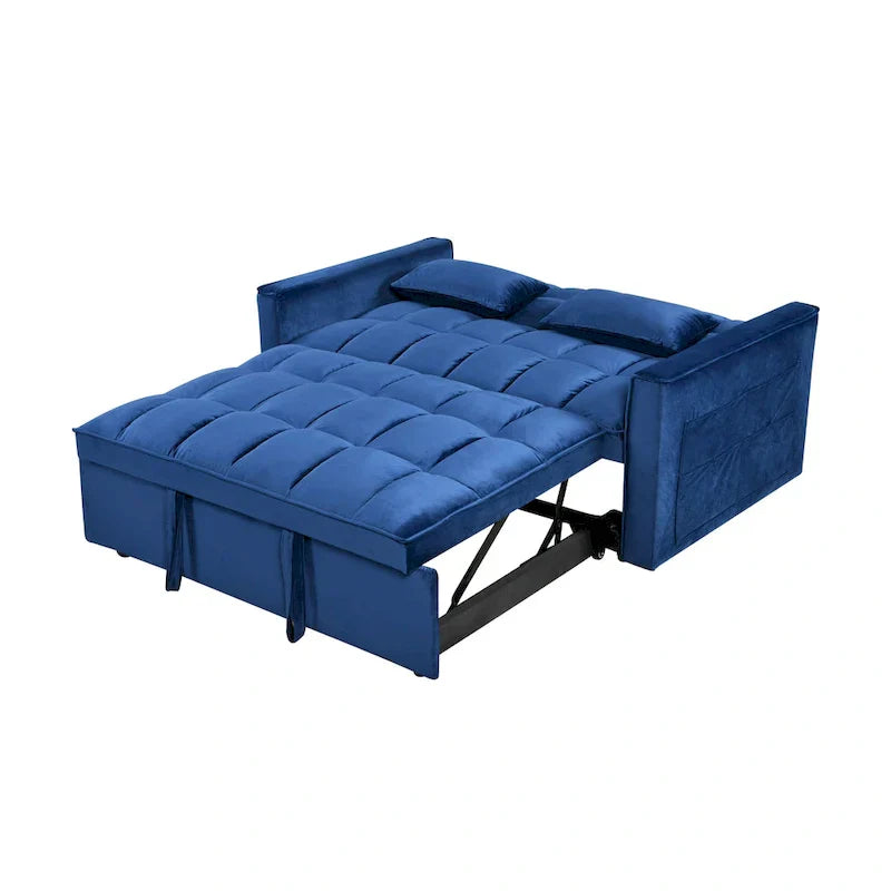Canapé Futon Moderne en Velours avec Dossier Inclinable et Poches, 2 Places – Gris Foncé / Gris Clair / Bleu / Noir