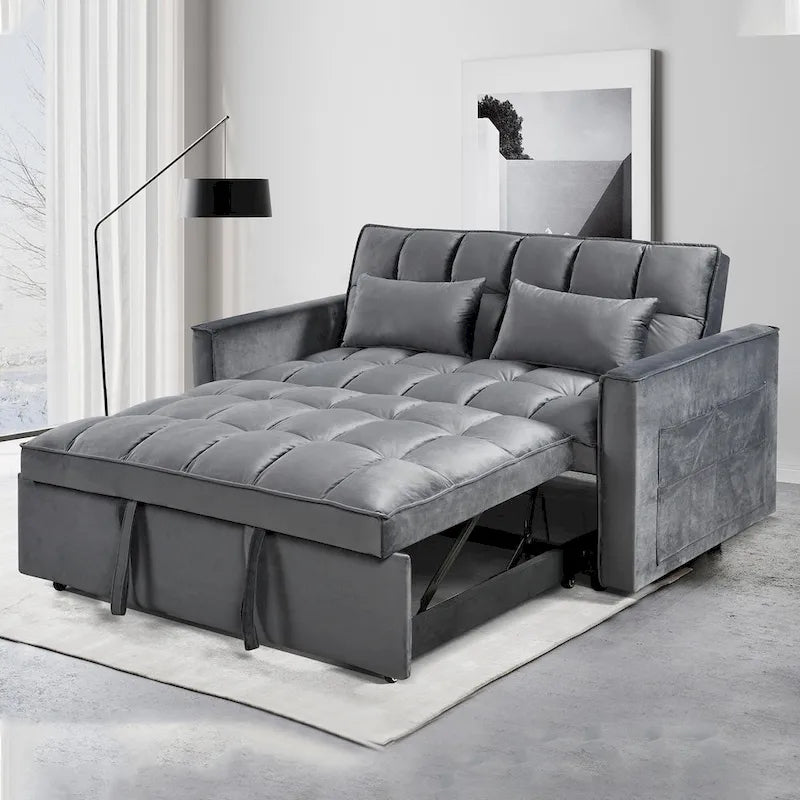 Canapé Futon Moderne en Velours avec Dossier Inclinable et Poches, 2 Places – Gris Foncé / Gris Clair / Bleu / Noir