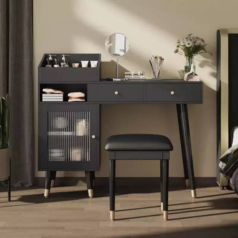 Coiffeuse Moderne avec Tabouret, Coiffeuse Élégante avec 2 Tiroirs, Ensemble Coiffeuse Peu Encombrant