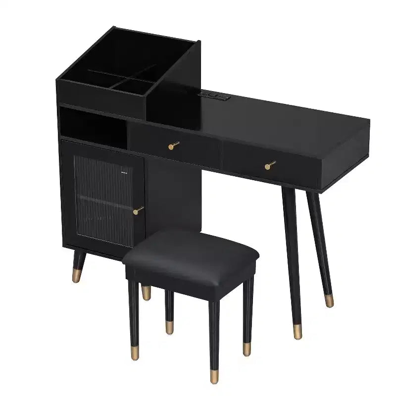 Coiffeuse Moderne avec Tabouret, Coiffeuse Élégante avec 2 Tiroirs, Ensemble Coiffeuse Peu Encombrant