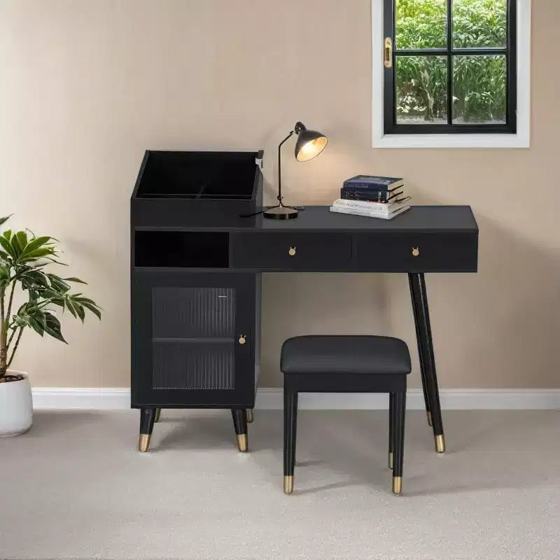 Coiffeuse Moderne avec Tabouret, Coiffeuse Élégante avec 2 Tiroirs, Ensemble Coiffeuse Peu Encombrant