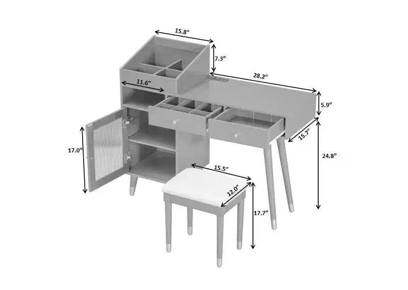 Coiffeuse Moderne avec Tabouret, Coiffeuse Élégante avec 2 Tiroirs, Ensemble Coiffeuse Peu Encombrant