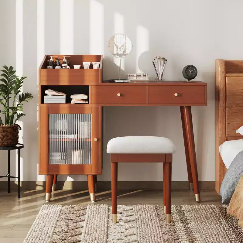 Coiffeuse Moderne avec Tabouret, Coiffeuse Élégante avec 2 Tiroirs, Ensemble Coiffeuse Peu Encombrant