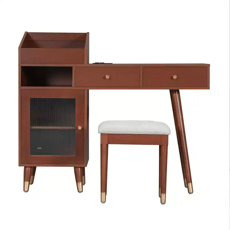 Coiffeuse Moderne avec Tabouret, Coiffeuse Élégante avec 2 Tiroirs, Ensemble Coiffeuse Peu Encombrant