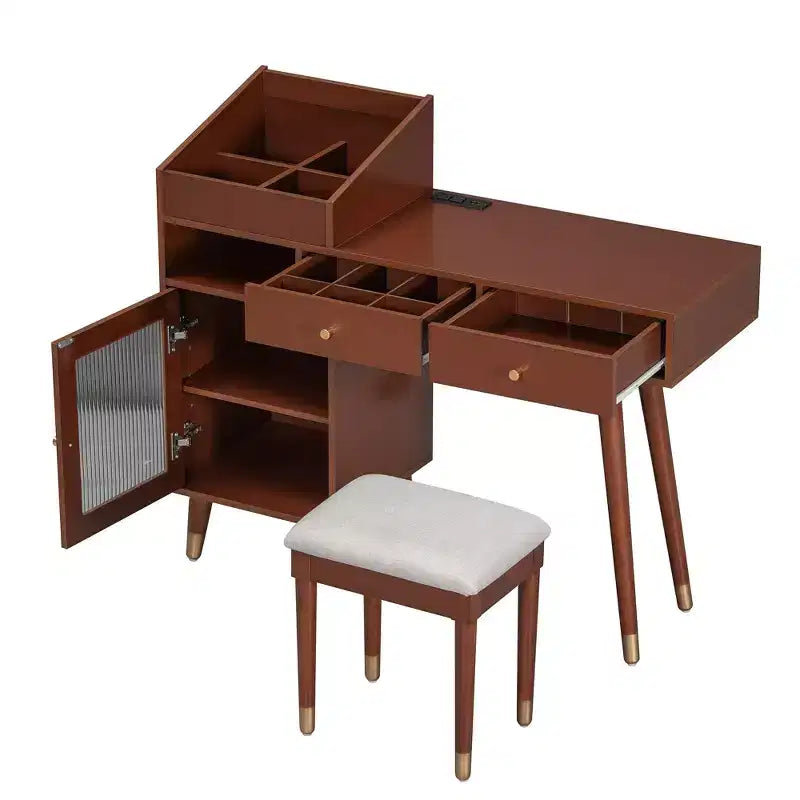 Coiffeuse Moderne avec Tabouret, Coiffeuse Élégante avec 2 Tiroirs, Ensemble Coiffeuse Peu Encombrant