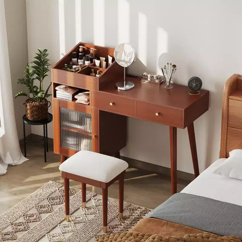 Coiffeuse Moderne avec Tabouret, Coiffeuse Élégante avec 2 Tiroirs, Ensemble Coiffeuse Peu Encombrant