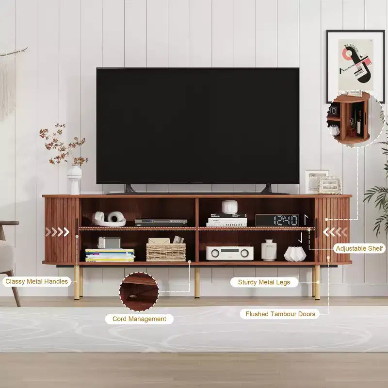 Meuble TV de divertissement de 70,1 pouces avec rangement et portes coulissantes pour téléviseurs jusqu'à 80 pouces pour salon, chambre à coucher, couloir, noyer