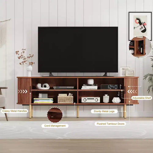 Meuble TV de divertissement de 70,1 pouces avec rangement et portes coulissantes pour téléviseurs jusqu'à 80 pouces pour salon, chambre à coucher, couloir, noyer