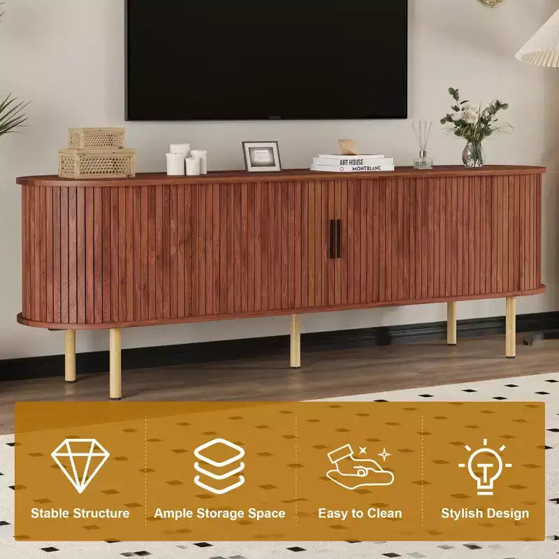 Meuble TV de divertissement de 70,1 pouces avec rangement et portes coulissantes pour téléviseurs jusqu'à 80 pouces pour salon, chambre à coucher, couloir, noyer