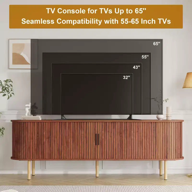 Meuble TV de divertissement de 70,1 pouces avec rangement et portes coulissantes pour téléviseurs jusqu'à 80 pouces pour salon, chambre à coucher, couloir, noyer