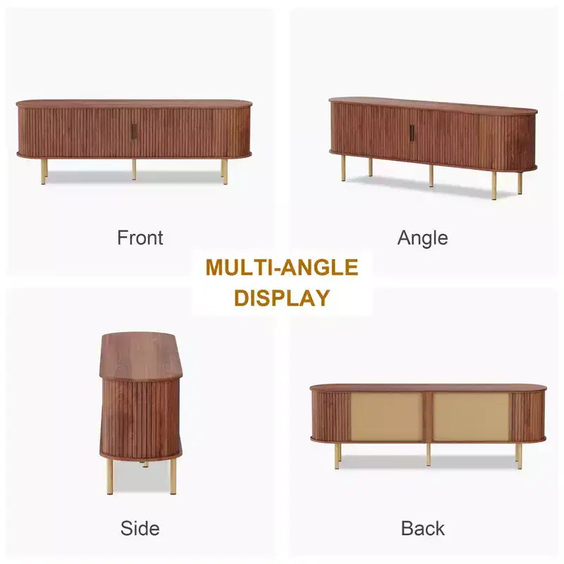 Meuble TV de divertissement de 70,1 pouces avec rangement et portes coulissantes pour téléviseurs jusqu'à 80 pouces pour salon, chambre à coucher, couloir, noyer