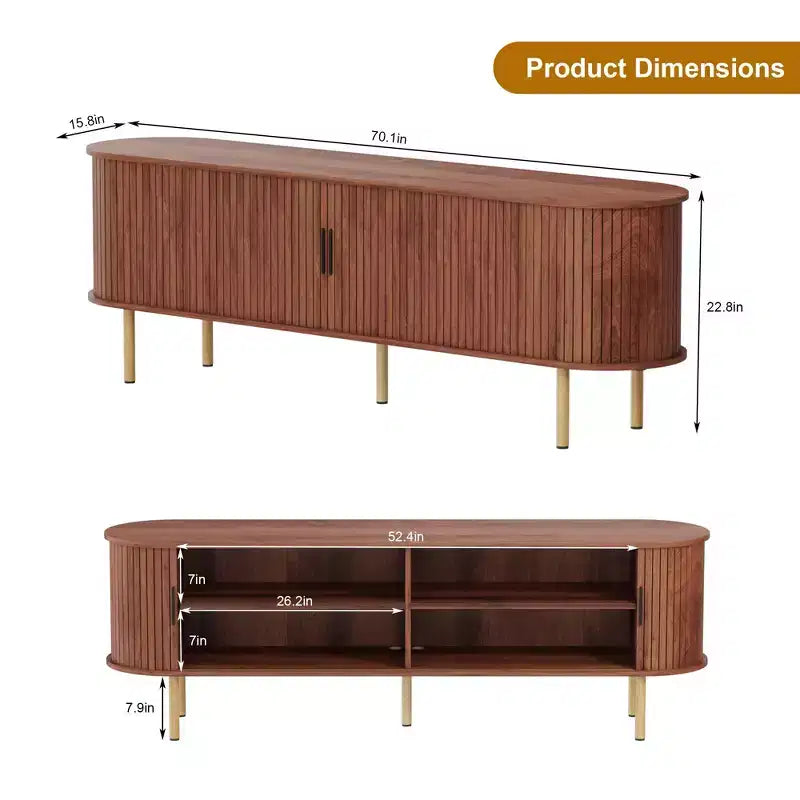 Meuble TV de divertissement de 70,1 pouces avec rangement et portes coulissantes pour téléviseurs jusqu'à 80 pouces pour salon, chambre à coucher, couloir, noyer