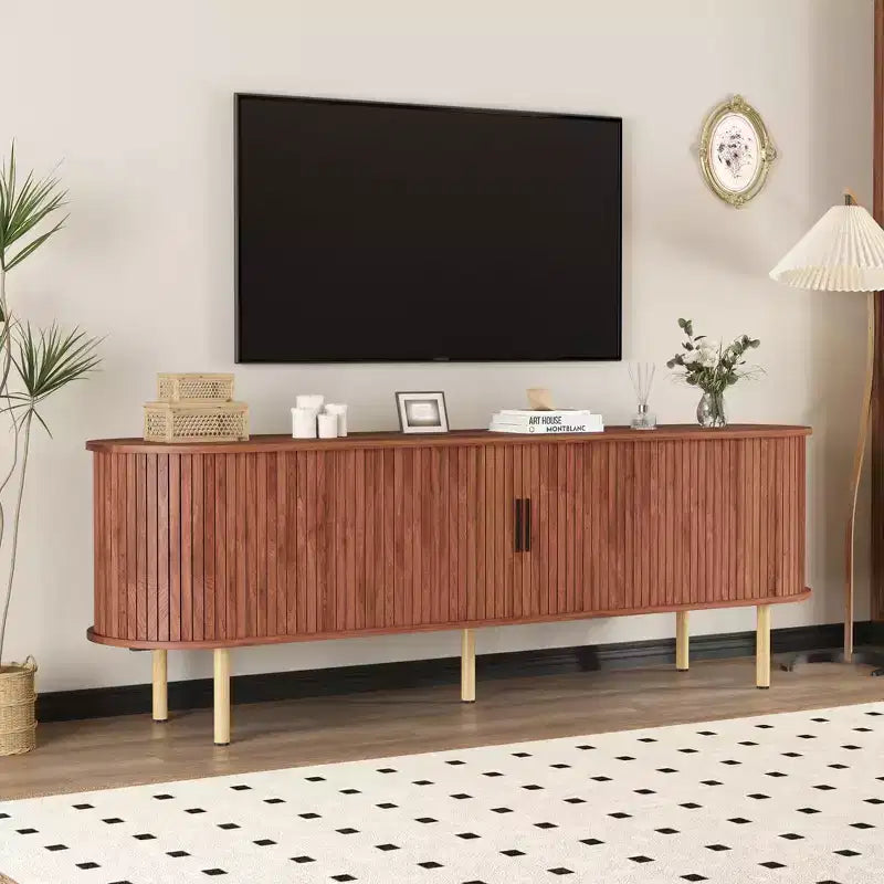 Meuble TV de divertissement de 70,1 pouces avec rangement et portes coulissantes pour téléviseurs jusqu'à 80 pouces pour salon, chambre à coucher, couloir, noyer
