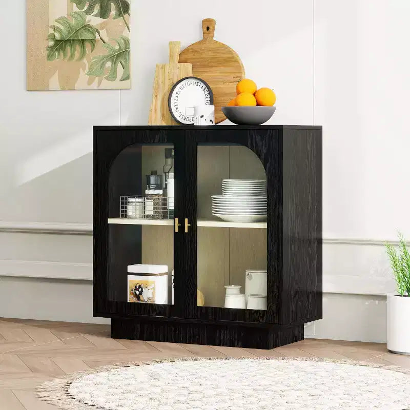 Meuble de Rangement Moderne Okak avec 2 Portes en Acrylique, Bahut avec Poignées Métalliques et 2 Étagères, Buffet pour Cuisine, Salle à Manger