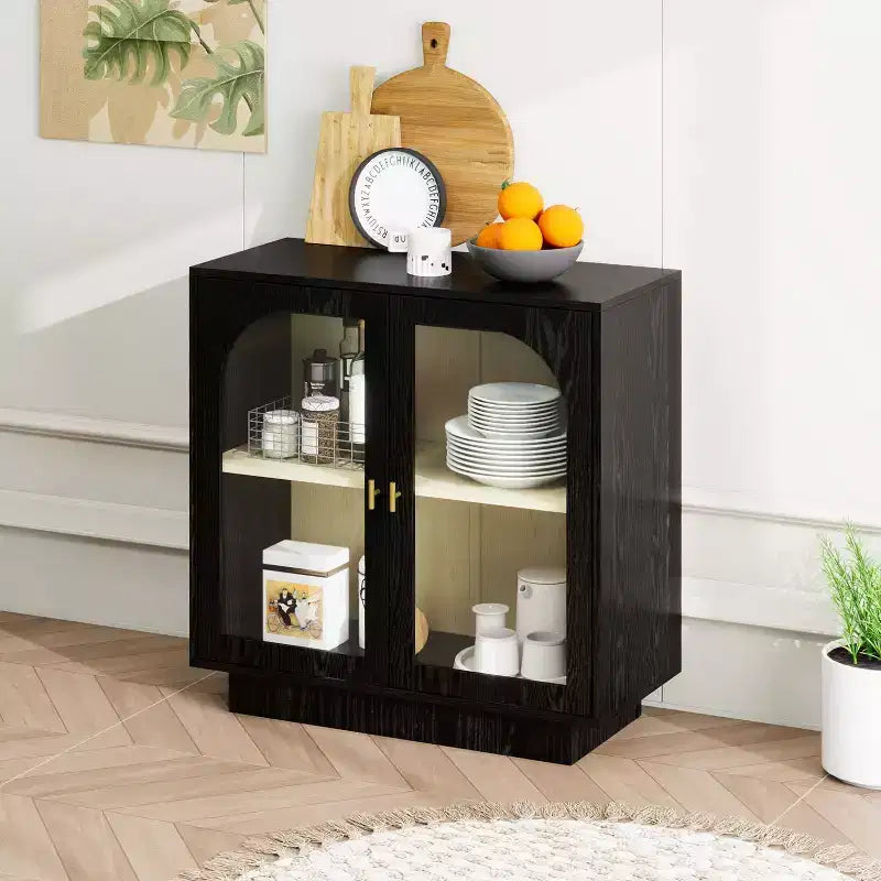 Meuble de Rangement Moderne Okak avec 2 Portes en Acrylique, Bahut avec Poignées Métalliques et 2 Étagères, Buffet pour Cuisine, Salle à Manger