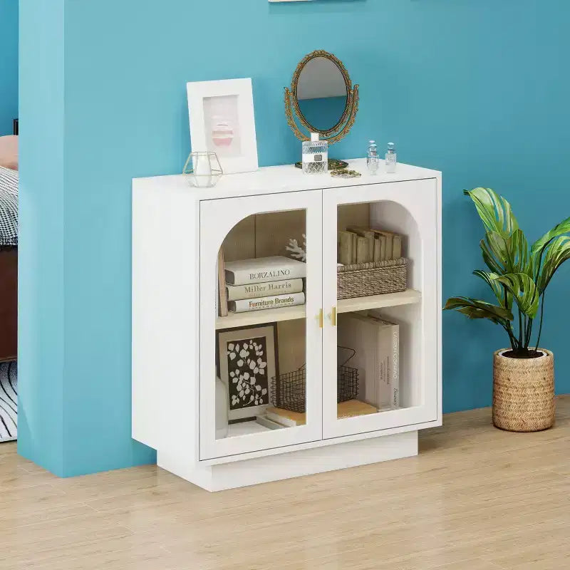 Meuble de Rangement Moderne Okak avec 2 Portes en Acrylique, Bahut avec Poignées Métalliques et 2 Étagères, Buffet pour Cuisine, Salle à Manger
