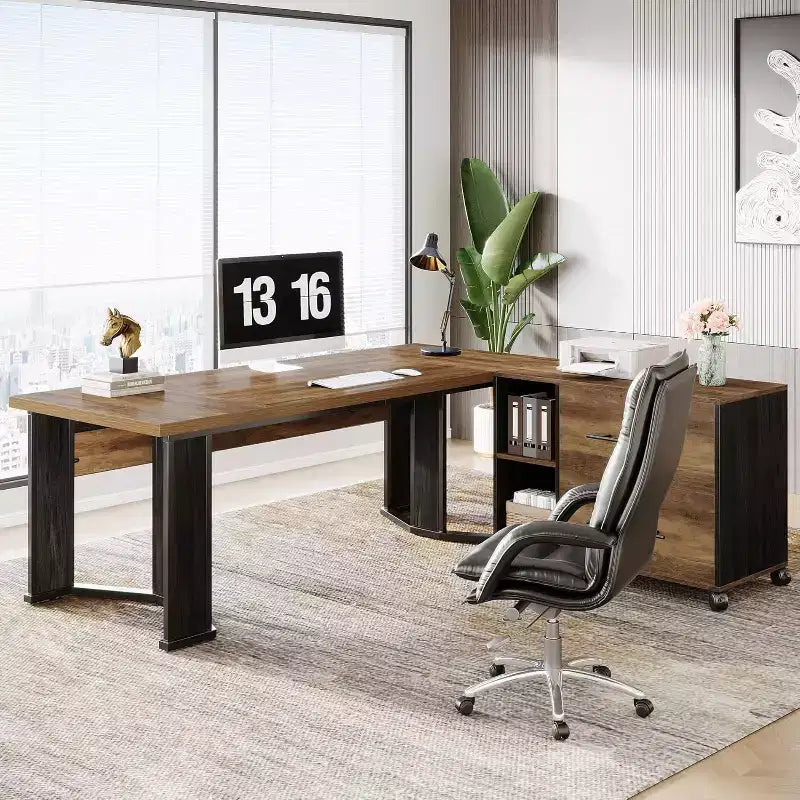Lantine 70.86 Bureau de Direction avec Classeur Mobile, Grand Bureau d'Angle en L, Poste de Travail Mobilier Commercial pour Bureau à Domicile