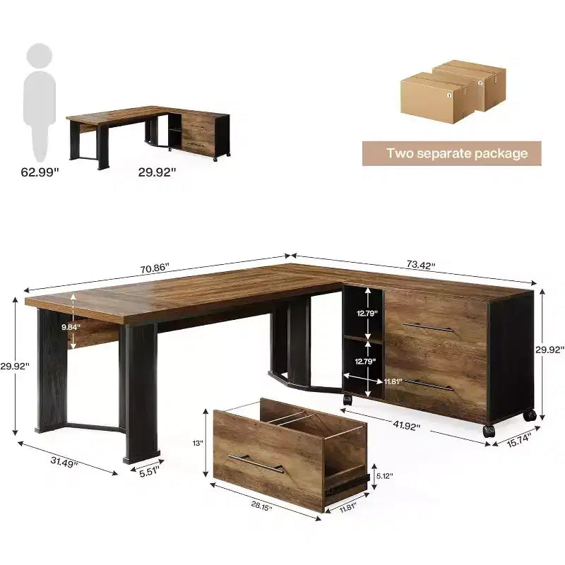 Lantine 70.86 Bureau de Direction avec Classeur Mobile, Grand Bureau d'Angle en L, Poste de Travail Mobilier Commercial pour Bureau à Domicile