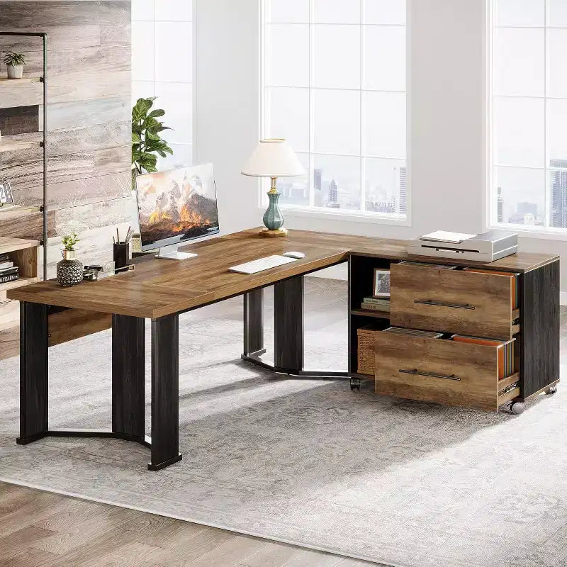 Lantine 70.86 Bureau de Direction avec Classeur Mobile, Grand Bureau d'Angle en L, Poste de Travail Mobilier Commercial pour Bureau à Domicile