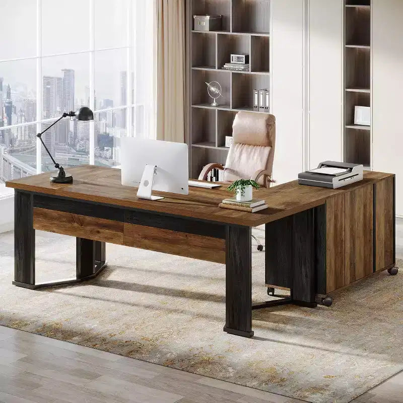Lantine 70.86 Bureau de Direction avec Classeur Mobile, Grand Bureau d'Angle en L, Poste de Travail Mobilier Commercial pour Bureau à Domicile