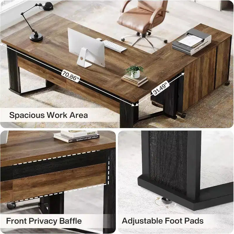 Lantine 70.86 Bureau de Direction avec Classeur Mobile, Grand Bureau d'Angle en L, Poste de Travail Mobilier Commercial pour Bureau à Domicile