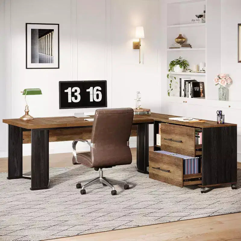 Lantine 70.86 Bureau de Direction avec Classeur Mobile, Grand Bureau d'Angle en L, Poste de Travail Mobilier Commercial pour Bureau à Domicile