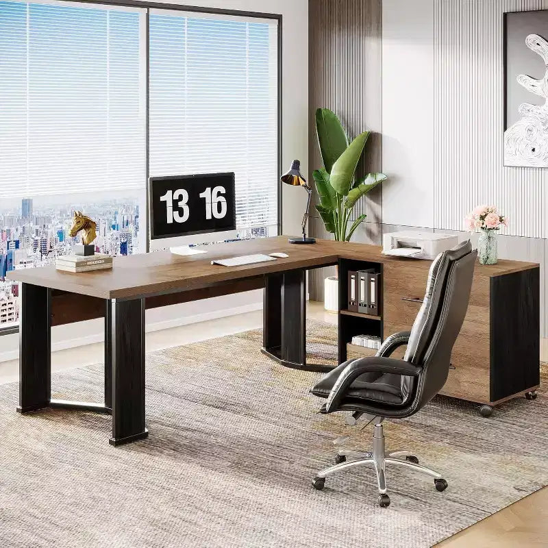 Lantine 70.86 Bureau de Direction avec Classeur Mobile, Grand Bureau d'Angle en L, Poste de Travail Mobilier Commercial pour Bureau à Domicile