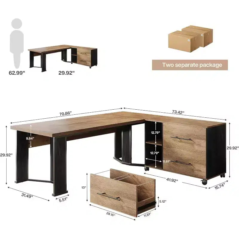 Lantine 70.86 Bureau de Direction avec Classeur Mobile, Grand Bureau d'Angle en L, Poste de Travail Mobilier Commercial pour Bureau à Domicile