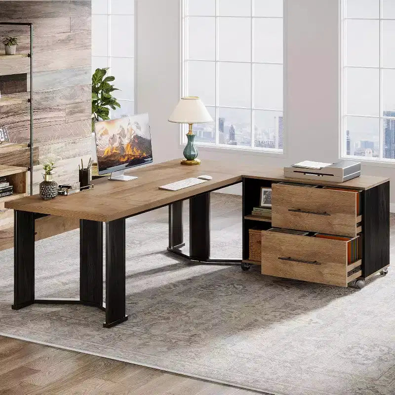 Lantine 70.86 Bureau de Direction avec Classeur Mobile, Grand Bureau d'Angle en L, Poste de Travail Mobilier Commercial pour Bureau à Domicile
