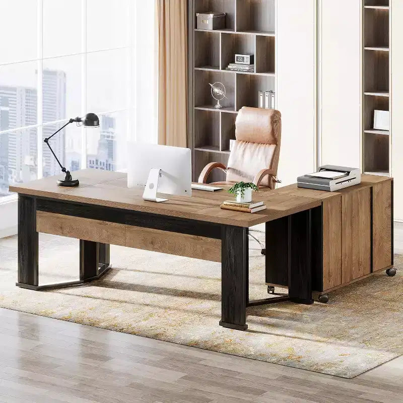 Lantine 70.86 Bureau de Direction avec Classeur Mobile, Grand Bureau d'Angle en L, Poste de Travail Mobilier Commercial pour Bureau à Domicile