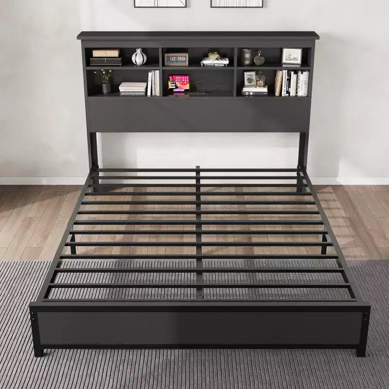 COZONY Bed Frame with Bookcase Headboard and Charging Station, 2-Tier Storage Platform Bed with Easy Assembly
