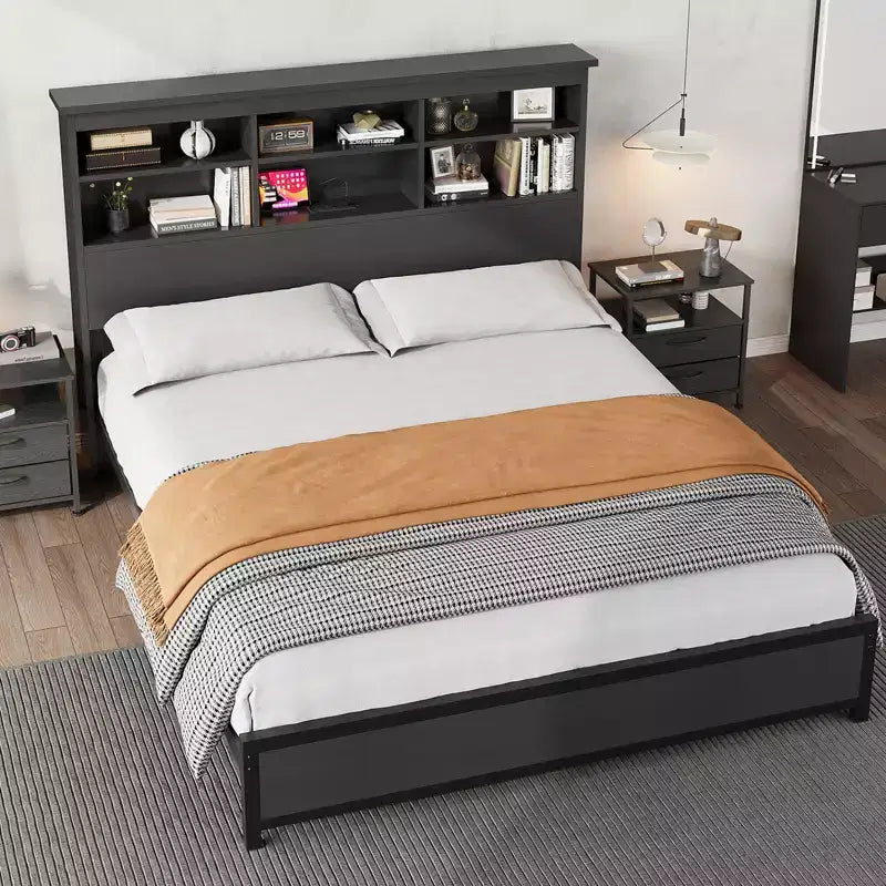 COZONY Cadre de Lit avec Tête de Lit Bibliothèque et Station de Recharge, Lit Plateforme de Rangement à 2 Niveaux avec Montage Facile