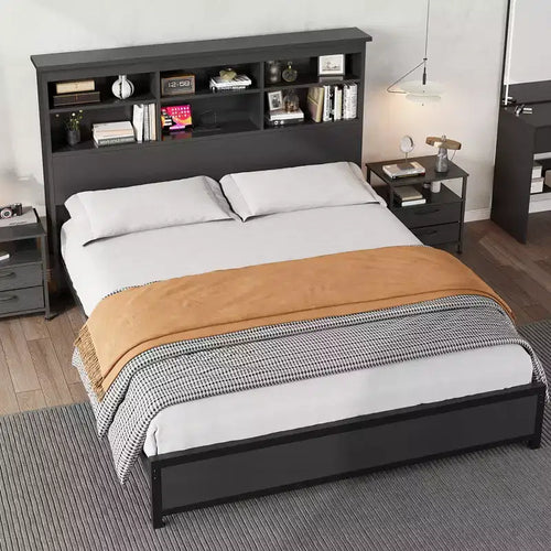 COZONY Cadre de Lit avec Tête de Lit Bibliothèque et Station de Recharge, Lit Plateforme de Rangement à 2 Niveaux avec Montage Facile