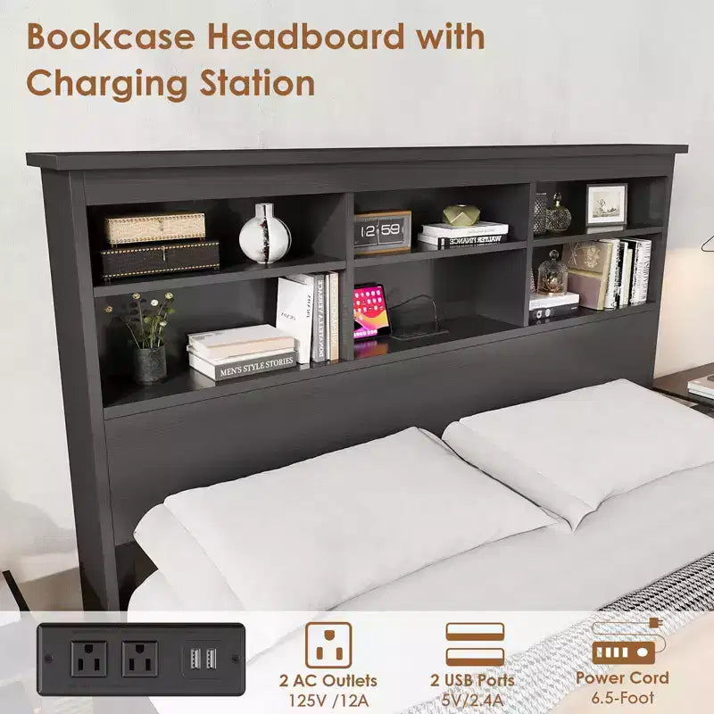 COZONY Cadre de Lit avec Tête de Lit Bibliothèque et Station de Recharge, Lit Plateforme de Rangement à 2 Niveaux avec Montage Facile