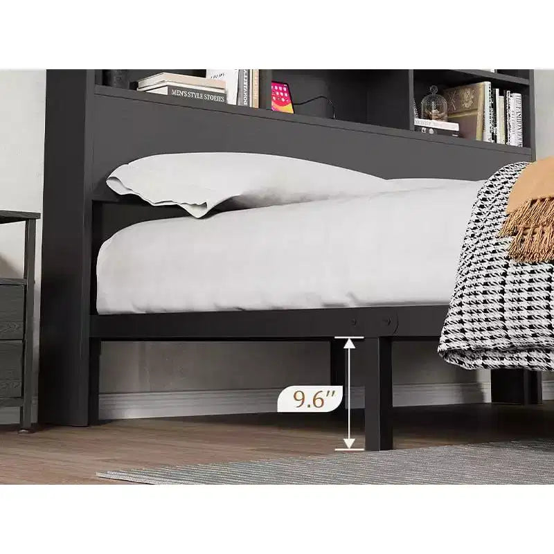COZONY Cadre de Lit avec Tête de Lit Bibliothèque et Station de Recharge, Lit Plateforme de Rangement à 2 Niveaux avec Montage Facile