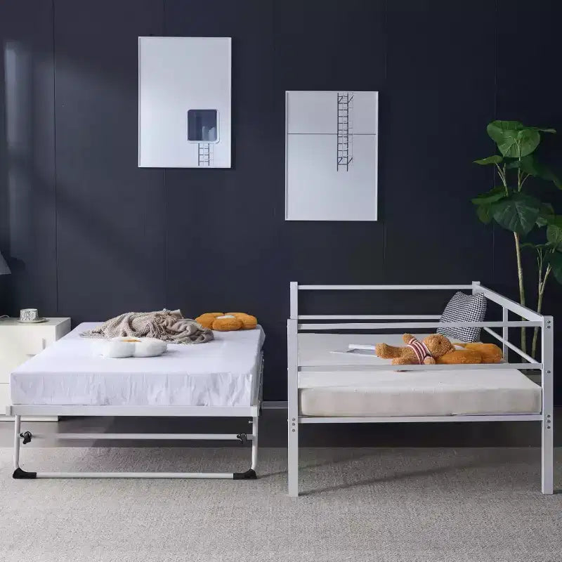 Lit de repos VINGLI avec lit gigogne escamotable, lit double en métal robuste avec lit gigogne, aucun sommier tapissier requis