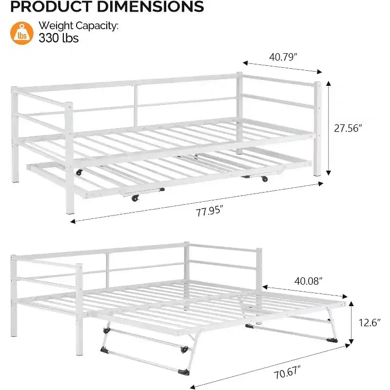 Lit de repos VINGLI avec lit gigogne escamotable, lit double en métal robuste avec lit gigogne, aucun sommier tapissier requis