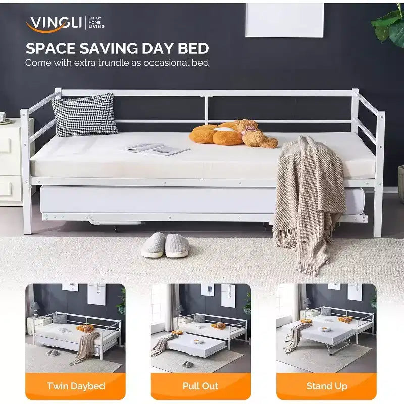 Lit de repos VINGLI avec lit gigogne escamotable, lit double en métal robuste avec lit gigogne, aucun sommier tapissier requis