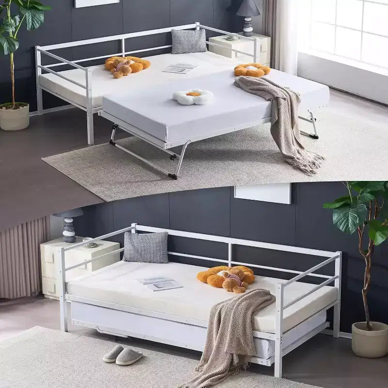 Lit de repos VINGLI avec lit gigogne escamotable, lit double en métal robuste avec lit gigogne, aucun sommier tapissier requis