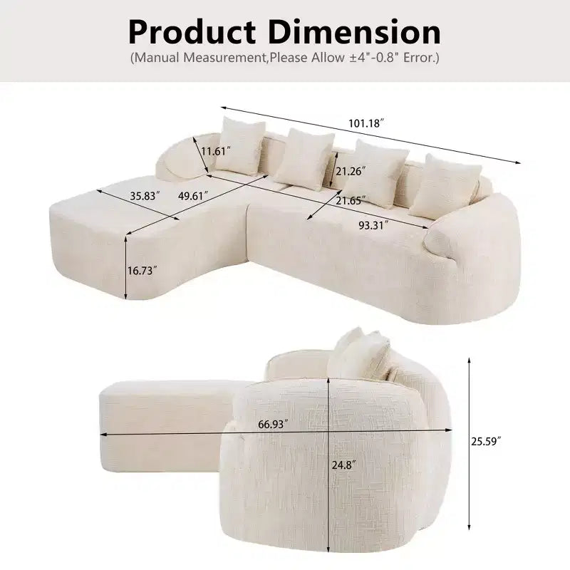 Canapé d'angle en chenille beige avec accoudoirs arrondis et 4 coussins Neutre, Douillet, Gain de place