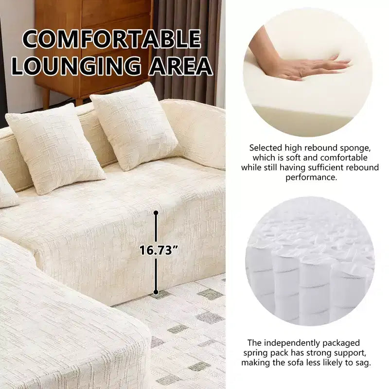 Canapé d'angle en chenille beige avec accoudoirs arrondis et 4 coussins Neutre, Douillet, Gain de place