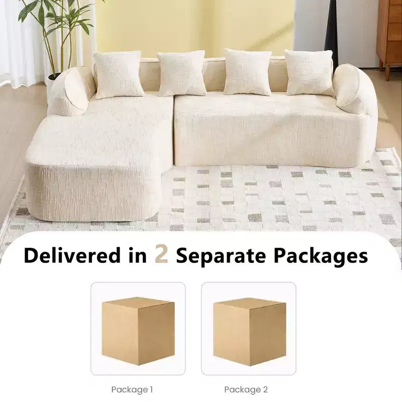 Canapé d'angle en chenille beige avec accoudoirs arrondis et 4 coussins Neutre, Douillet, Gain de place