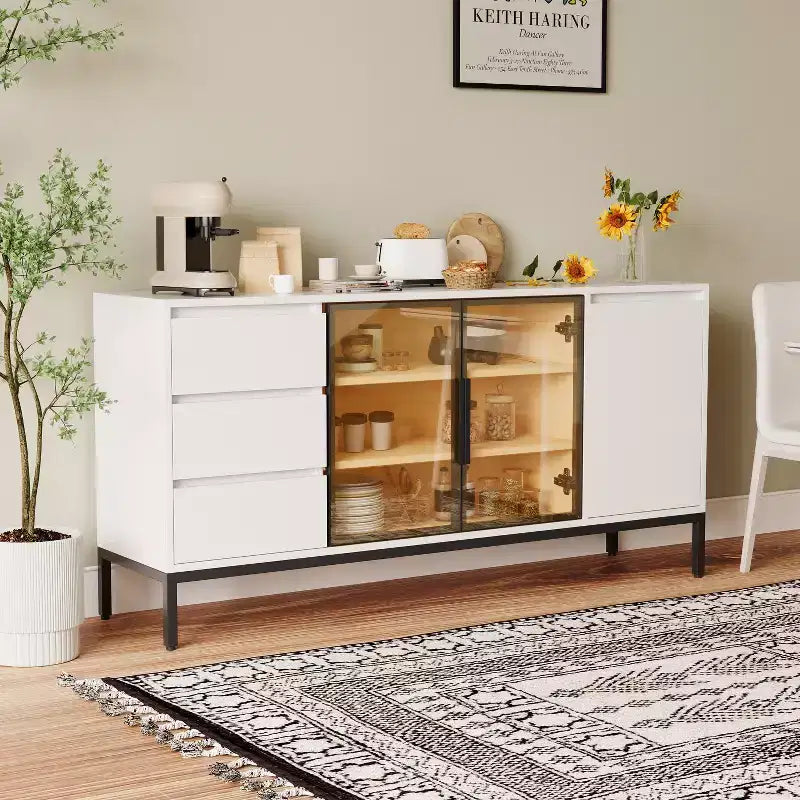 Meuble en libre-service avec rangement, étagères de présentation alimentaire, panneau latéral de cuisine avec portes et et 3 tiroirs, convient aux restaurants et aux cuisines.