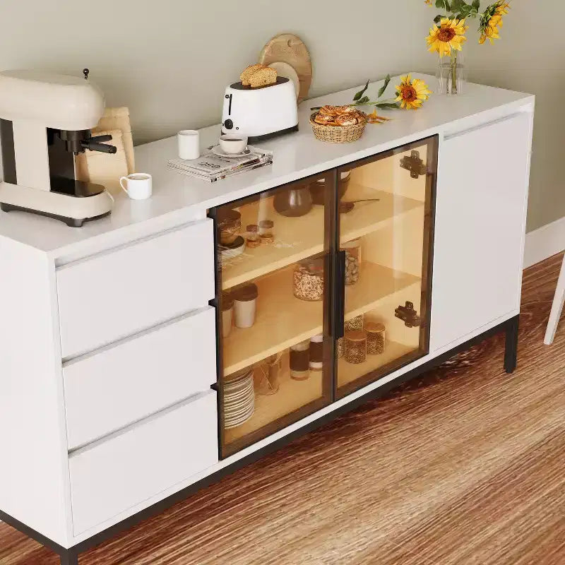 Meuble en libre-service avec rangement, étagères de présentation alimentaire, panneau latéral de cuisine avec portes et et 3 tiroirs, convient aux restaurants et aux cuisines.