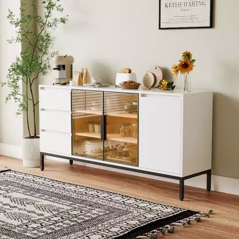Meuble en libre-service avec rangement, étagères de présentation alimentaire, panneau latéral de cuisine avec portes et et 3 tiroirs, convient aux restaurants et aux cuisines.