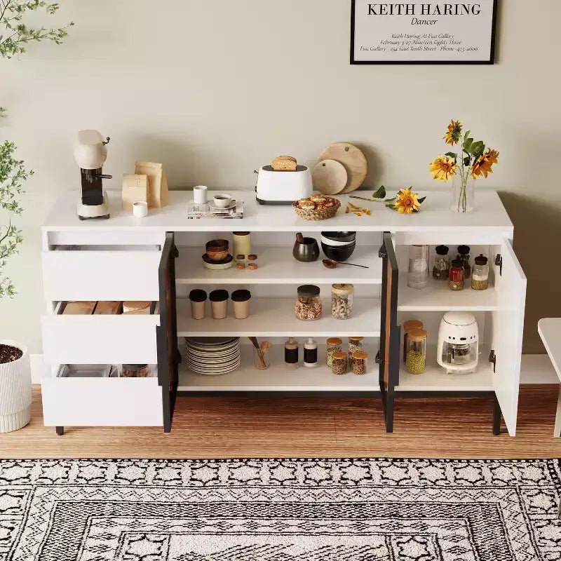 Meuble en libre-service avec rangement, étagères de présentation alimentaire, panneau latéral de cuisine avec portes et et 3 tiroirs, convient aux restaurants et aux cuisines.