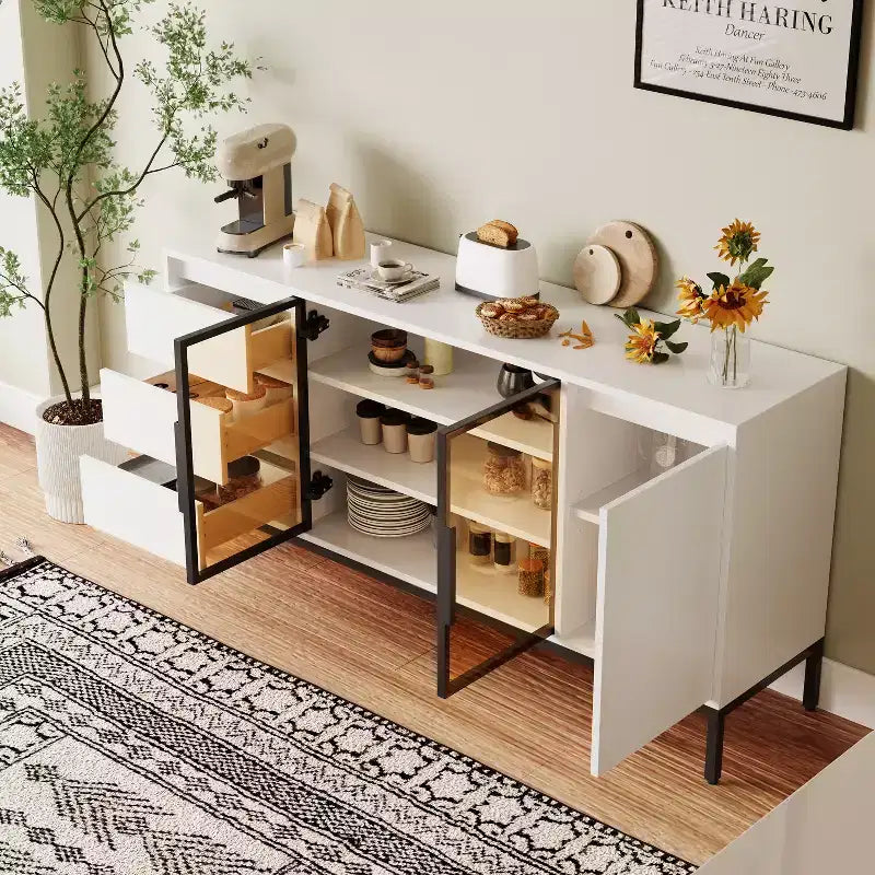 Meuble en libre-service avec rangement, étagères de présentation alimentaire, panneau latéral de cuisine avec portes et et 3 tiroirs, convient aux restaurants et aux cuisines.