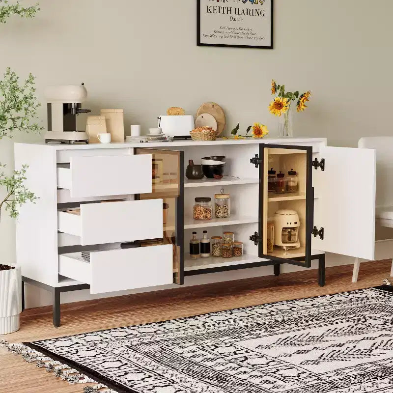 Meuble en libre-service avec rangement, étagères de présentation alimentaire, panneau latéral de cuisine avec portes et et 3 tiroirs, convient aux restaurants et aux cuisines.