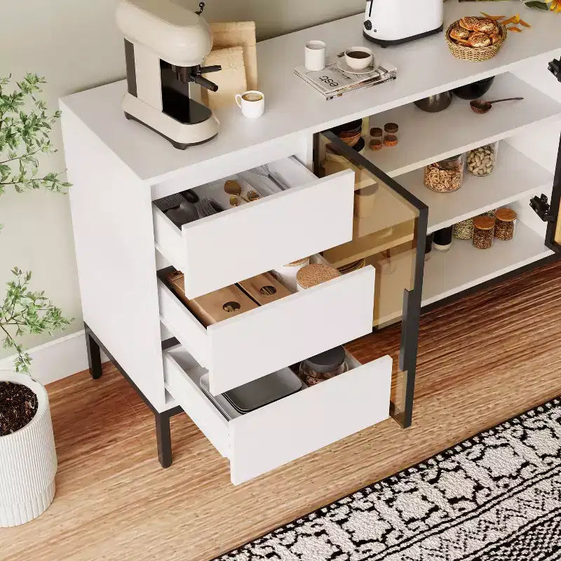 Meuble en libre-service avec rangement, étagères de présentation alimentaire, panneau latéral de cuisine avec portes et et 3 tiroirs, convient aux restaurants et aux cuisines.