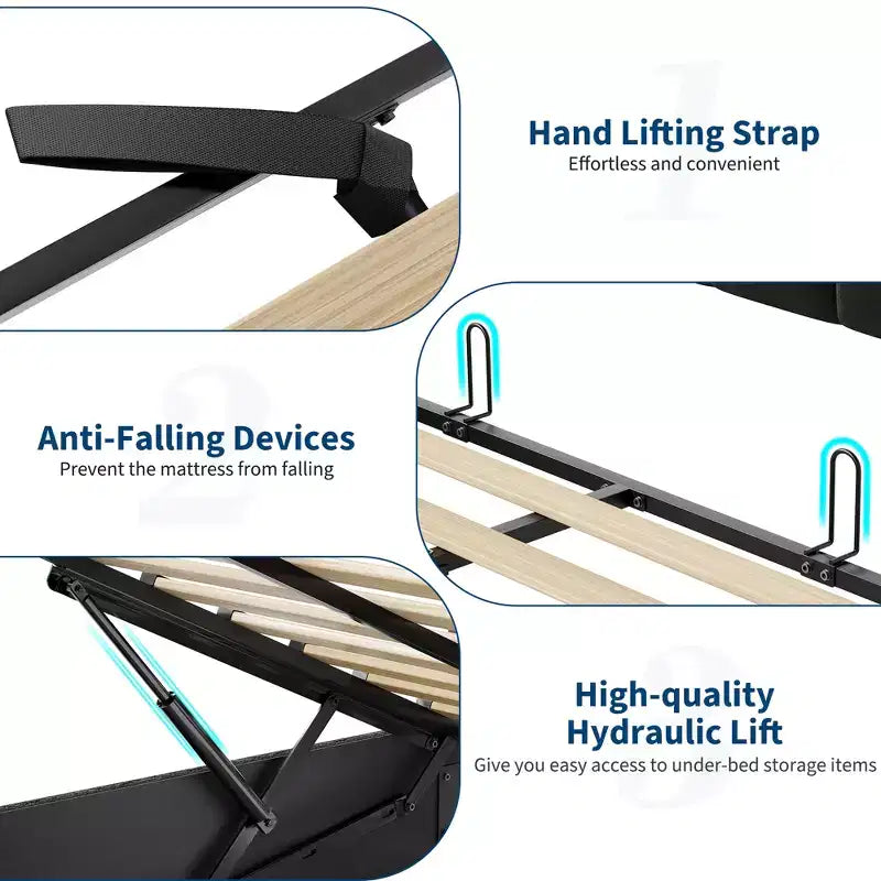 COZONY Cadre de lit relevable avec rangement Taille complète, Plateforme en métal avec tête de lit de rangement Aucun sommier tapissier requis